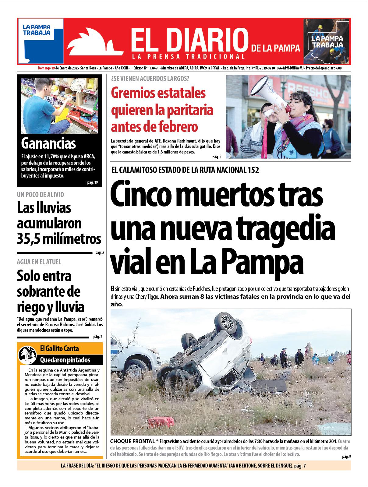 Tapa de El Diario en papel  domingo 19 de enero de 2025